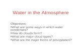 Water in the Atmosphere Objectives: What are some ways in which water condenses? How do clouds form? What are major cloud types? What are the major forms.