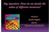 Big Question: How do we decide the value of different resources? Author: Sarah Angliss Genre: Expository Nonfiction.