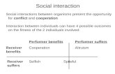 Social interactions between organisms present the opportunity for conflict and cooperation Interaction between individuals can have 4 possible outcomes.