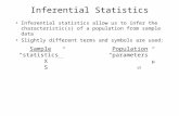 Inferential Statistics Inferential statistics allow us to infer the characteristic(s) of a population from sample data Slightly different terms and symbols.