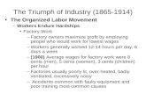 The Triumph of Industry (1865-1914) The Organized Labor Movement –Workers Endure Hardships Factory Work –Factory owners maximize profit by employing people.