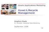 Stephen Slade Sr. Director, Industrial Manufacturing September, 2006 Oracle Applications Marketing Asset Lifecycle Management v3 Asset Lifecycle Management.
