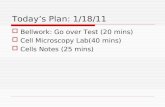Today’s Plan: 1/18/11  Bellwork: Go over Test (20 mins)  Cell Microscopy Lab(40 mins)  Cells Notes (25 mins)