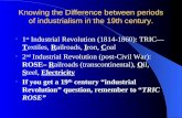 Knowing the Difference between periods of industrialism in the 19th century. 1 st Industrial Revolution (1814-1860): TRIC— Textiles, Railroads, Iron, Coal.