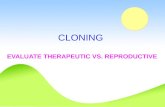 CLONING EVALUATE THERAPEUTIC VS. REPRODUCTIVE. WHAT IS A CLONE? PRECISE GENETIC COPY.