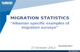 Ëëë.instat.gov.al 17 October 2012 MIGRATION STATISTICS “Albanian specific examples of migration surveys” Ruzhdie Bici.