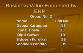 Business Value Enhanced by ERP Group No. 2 Name Roll No Name Roll No Deepa Karappan 13 Kunal Doshi 15 Dipti Gawas 19 Siddesh Kurdikar 33 Sandeep Pandita.