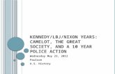 K ENNEDY /LBJ/N IXON Y EARS : C AMELOT, THE G REAT S OCIETY, AND A 10 YEAR POLICE ACTION Wednesday May 23, 2012 Paulson U.S. History.