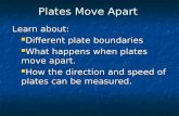 Plates Move Apart Plates Move Apart Learn about: Different plate boundaries Different plate boundaries What happens when plates move apart. What happens.