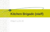 Kitchen Brigade (staff) Chap 2, p.21-24. Kitchen Organization Kitchen Brigade = working team p.21  Type and size of establishment  Organization of establishment.