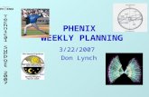 PHENIX WEEKLY PLANNING 3/22/2007 Don Lynch. 3/22/2007 Weekly Planning Meeting 2 Schedule Re-Start 5 man shifts 3/20/07 Beam: blue ring 3/8/07, in yellow.