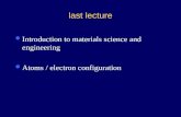 Last lecture Introduction to materials science and engineering Atoms / electron configuration.