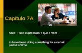 Capítulo 7A hace + time expression + que + verb to have been doing something for a certain period of time.