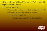 REGIME DITATORIAL MILITAR (1964 – 1985) Significado do Golpe: Crise do populismo: Movimento sociais de redistribuição de renda Autonomia dos movimentos.