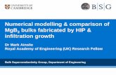 Numerical modelling & comparison of MgB2 bulks fabricated by HIP & infiltration growth