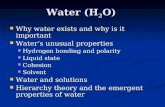 Water (H 2 O) Why water exists and why is it important Why water exists and why is it important Water’s unusual properties Water’s unusual properties Hydrogen.