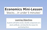 Economics Mini-Lesson Stocks....in under 5 minutes! Learning Objectives Students will define stocks, identify components of a stock certificate, and describe.