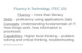 Fluency in Technology, ITEC 101 Fluency – more than literacy Skills: - proficiency using applications (lab) Concepts: Understanding fundamentals of IT.