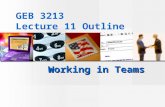 GEB 3213 Lecture 11 Outline Working in Teams. Why form groups and teams? 1._________________ 2.Faster response 3. _________________ 4. Greater “buy-in”