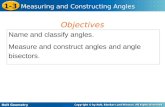 Holt Geometry 1-3 Measuring and Constructing Angles Name and classify angles. Measure and construct angles and angle bisectors. Objectives.