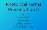 Rhetorical Terms Presentation 3 By: Dylan Videto Ian Green Jimmy Turner AP Comp 2 nd Hour.