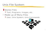 1 Unix File System zStores Files yText, Programs, Images, etc. zMade up of Many Files yUser, Unix System, Unix Commands.