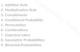 1.Addition Rule 2.Multiplication Rule 3.Compliments 4.Conditional Probability 5.Permutation 6.Combinations 7.Expected value 8.Geometric Probabilities 9.Binomial.