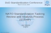 1 NATO UNCLASSIFIED Joe Delorie DSPO NATO Standardization Tasking Review and Analysis Process (STRAP) DoD Standardization Conference March 16-18, 2004.
