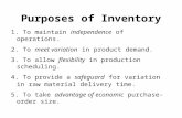 Purposes of Inventory 1. To maintain independence of operations. 2. To meet variation in product demand. 3. To allow flexibility in production scheduling.