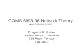 COMS 6998-06 Network Theory Week 5: October 6, 2010 Dragomir R. Radev Wednesdays, 6:10-8 PM 325 Pupin Terrace Fall 2010.