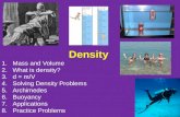 Density 1. Mass and Volume 2. What is density? 3. d = m/V 4. Solving Density Problems 5. Archimedes 6. Buoyancy 7. Applications 8. Practice Problems.