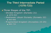 The Third Intermediate Period (1076-723)  Three Stages of the TIP: –Divided Kingdom (Dynasty 21)  1076-943 –Meshwesh Libyan Dynasty (Dynasty 22)  943-845.