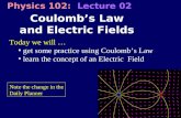 1 Coulombs Law and Electric Fields Physics 102: Lecture 02 Today we will  get some practice using Coulombs Law learn the concept of an Electric Field.