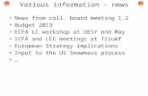 Various information - news News from coll. board meeting 1.2 Budget 2013 ECFA LC workshop at DESY end May ICFA and LCC meetings at Triumf European Strategy.