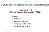 Lecture 14 Push Down Automata (PDA) Topics:  Definition  Moves of the PDA  Languages of the PDA  Deterministic PDAs June 18, 2015 CSCE 355 Foundations.