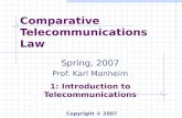 Comparative Telecommunications Law Spring, 2007 Prof. Karl Manheim 1: Introduction to Telecommunications Copyright  2007.