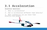 3.1 Acceleration Essential Questions: 1. What is acceleration? 2. How is acceleration different from velocity? 3. What information can you learn from velocity-time.