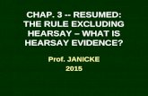 CHAP. 3 -- RESUMED: THE RULE EXCLUDING HEARSAY  WHAT IS HEARSAY EVIDENCE? Prof. JANICKE 2015.