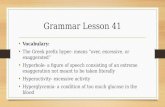 Grammar Lesson 41 Vocabulary: The Greek prefix hyper- means over, excessive, or exaggerated Hyperbole- a figure of speech consisting of an extreme exaggeration.