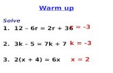 Warm up Solve 1. 12  6r = 2r + 36 2. 3k  5 = 7k + 7 3. 2(x + 4) = 6x r = -3 k = -3 x = 2.