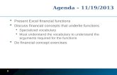 Agenda  11/19/2013 Present Excel financial functions Discuss financial concepts that underlie functions  Specialized vocabulary  Must understand the.