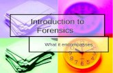 Introduction to Forensics What it encompasses. Forensics application of science to law.