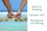 Unit 5: Dating Lesson 23: Purposes of Dating. Bell Quiz 1.What is Risk? 2. Define the difference between Love and Infatuation? 3. What are the three stages.