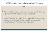 CNS -Antiparkinsonian Drugs Discuss the signs and symptoms exhibited by a patient with Parkinson’s Disease Describe the actions and intended effects of.