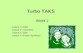Turbo TAKS Week 2 Lesson 1- Cells Lesson 2- Taxonomy Lesson 3- DNA Lesson 4- Protein Synthesis.