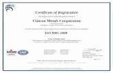 Certificate of Registration Clairon Metals Corporationclaironmetals.com/ISO-Certification.pdf · Certificate of Registration ... Clairon Metals Corporation 11194 Alcovy Road ... 30014-6411,