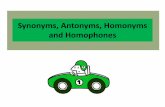 Synonyms, Antonyms, Homonyms and Homophones · PDF fileSynonyms, Antonyms, Homonyms and Homophones . Synonyms: Words which have a similar meaning Example: You are so beautiful. She