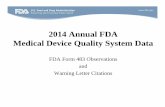 2014 Annual FDA Medical Device Quality System Data Annual FDA Medical Device Quality System Data FDA Form 483 Observations and Warning Letter Citations