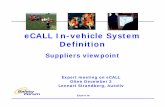eCALL In-vehicle System Definition In-vehicle System Definition ... Mesure Acceleration in car Integration : DeltaV DeltaV > Threshold Calculate ... including GSM Embedded device ...