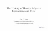 The History of Human Subjects Regulations and · PDF fileThe History of Human Subjects Regulations and IRBs ... –1954 Wichita Jury Study and state ... –1976 Dalkon Shield case